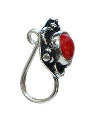 Red Coral Oxidized Clip On Press On Nose Pin in Silver Alloy