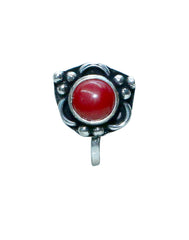 Red Coral Oxidized Clip On Press On Nose Pin in Silver Alloy