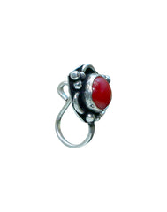 Red Coral Oxidized Clip On Press On Nose Pin in Silver Alloy