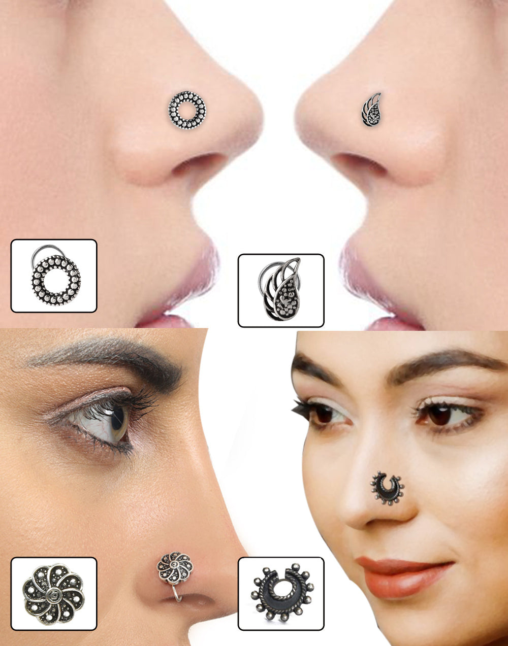 Combo Set of 4 Designer Oxidized Silver Alloy Nose Pin Studs