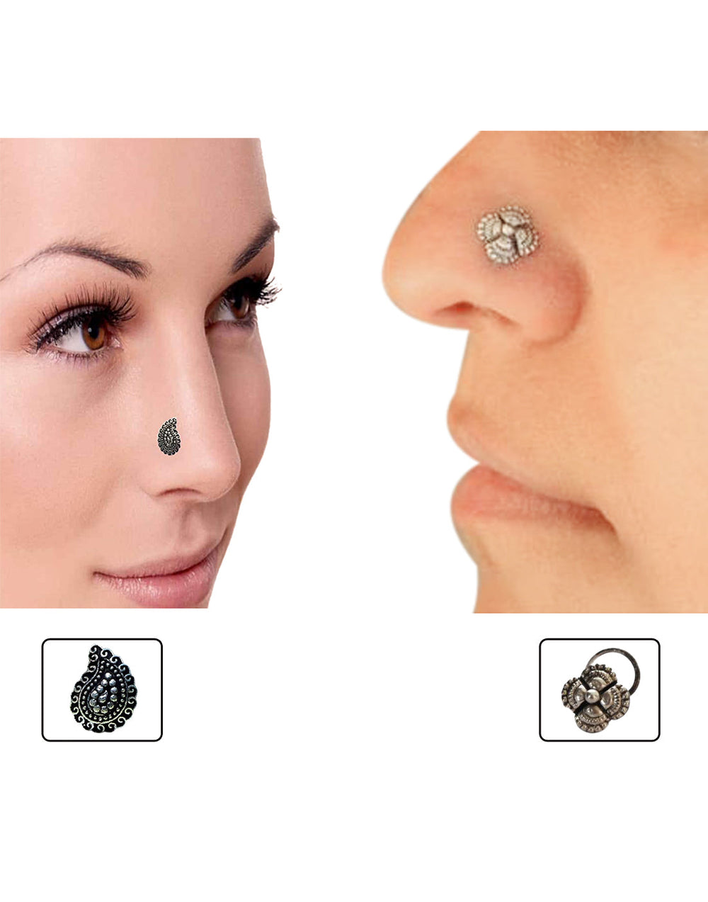 Combo of Designer and Tribal look Silver Alloy Petals and Traditional look  Nose Pin/Studs