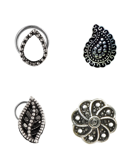 Combo Set of 4 Designer Oxidized Silver Alloy Nose Pin Studs - Default Title - Abhooshan