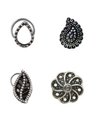 Combo Set of 4 Designer Oxidized Silver Alloy Nose Pin Studs