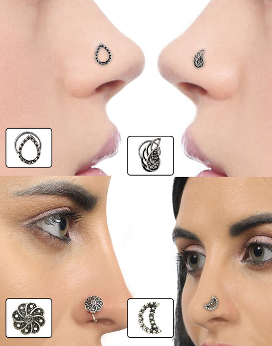 Combo Set of 4 Designer Oxidized Silver Alloy Nose Pin Studs