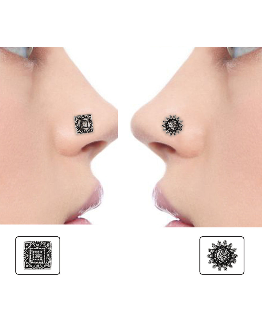 Combo of Designer and Tribal BIG look Silver Alloy FLOWER Nose Pin/Studs