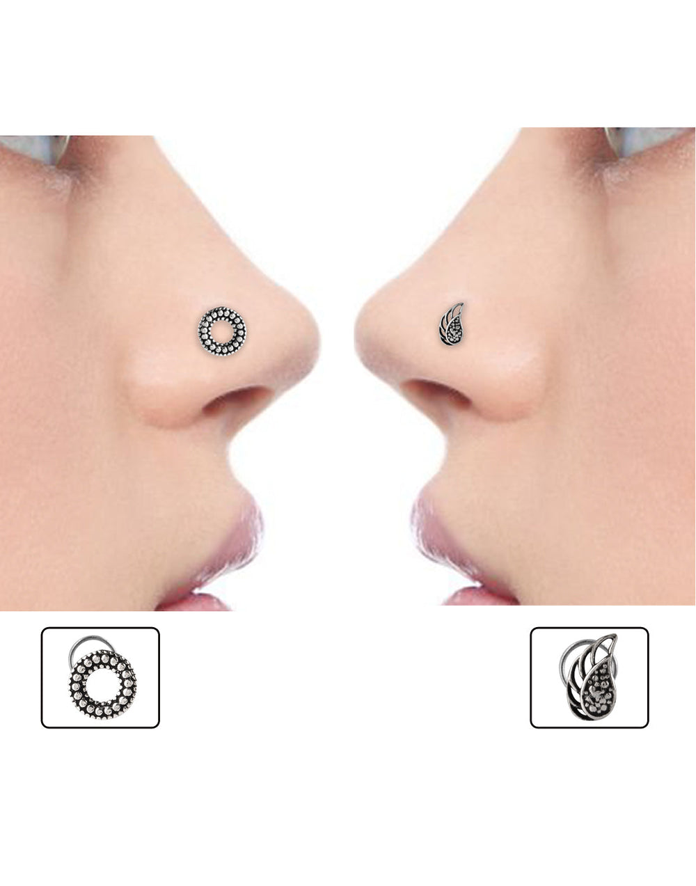 Combo of Designer and Good looking Silver Alloy Leaf and Hollow Round Shape Nose Pin/Studs