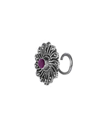 Flower Oxidized 92.5 Sterling Silver Nose Pin with Ruby