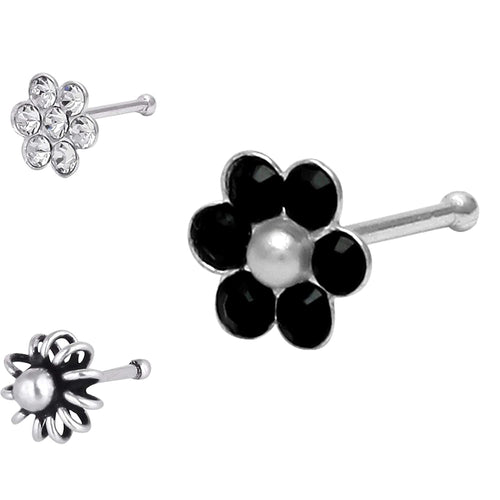 Combo Set of 3 Flower Sterling Silver Nose Pin Studs - Default Title - Abhooshan