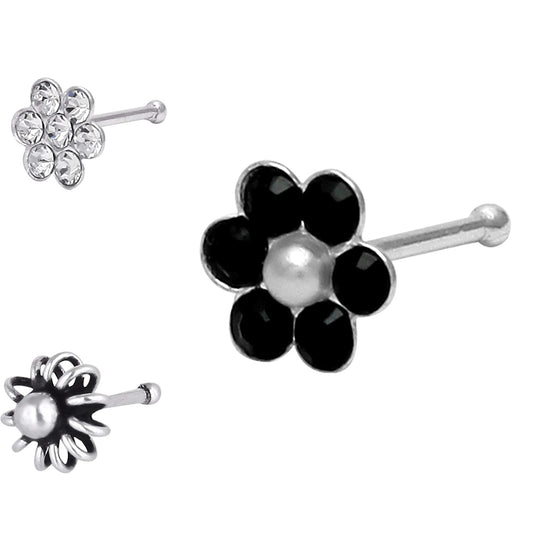 Combo Set of 3 Flower Sterling Silver Nose Pin Studs