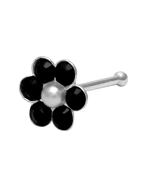 92.5 Sterling Silver Trendy Designer Flower Nose Pin with Black CZ Stones - Default Title - Abhooshan