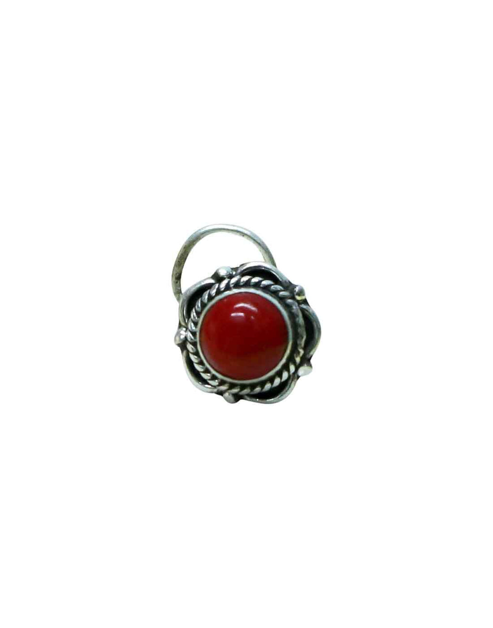 Trendy Precious Stone Red Coral Nose Pin/Stud with wire in Oxidized 92.5 Sterling Silver