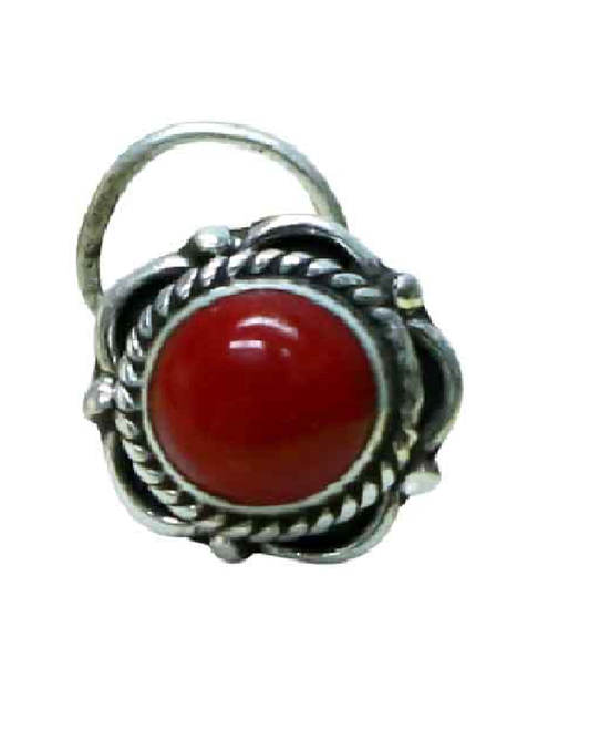 Trendy Precious Stone Red Coral Nose Pin/Stud with wire in Oxidized 92.5 Sterling Silver