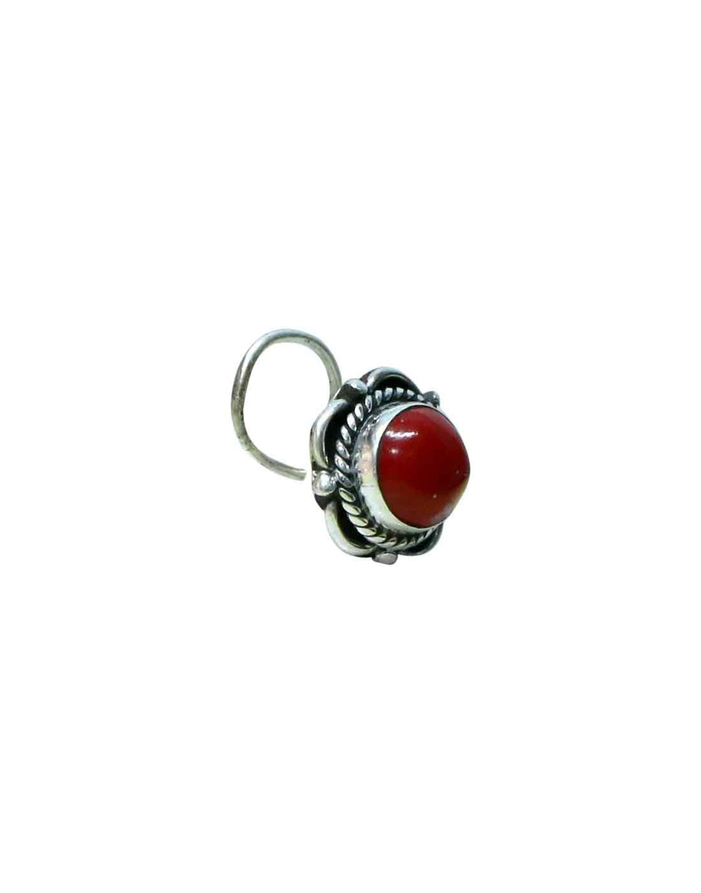 Trendy Precious Stone Red Coral Nose Pin/Stud with wire in Oxidized 92.5 Sterling Silver