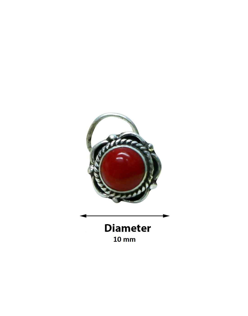 Trendy Precious Stone Red Coral Nose Pin/Stud with wire in Oxidized 92.5 Sterling Silver