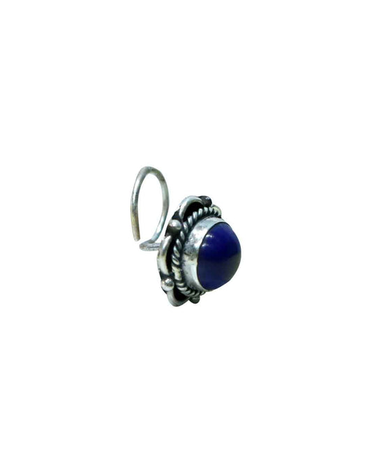 Designer Precious Stone Lapis Lazuli Nose Pin/Stud with wire in Oxidized 92.5 Sterling Silver