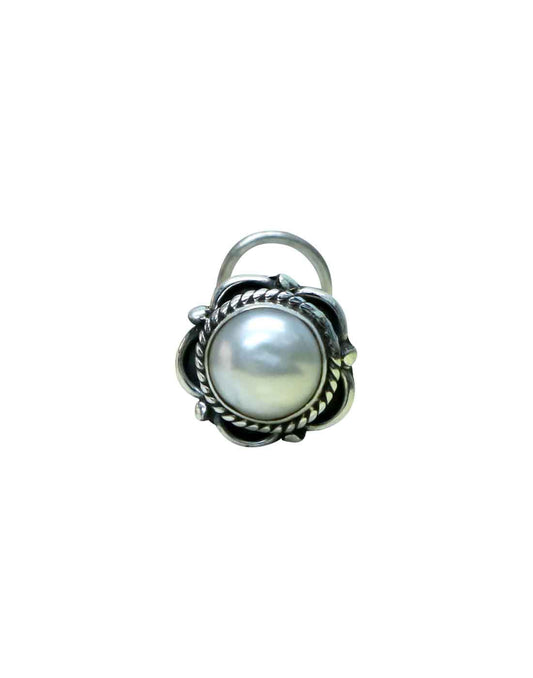 Designer Precious Stone Pearl Nose Pin/Stud with wire in Oxidized 92.5 Sterling Silver