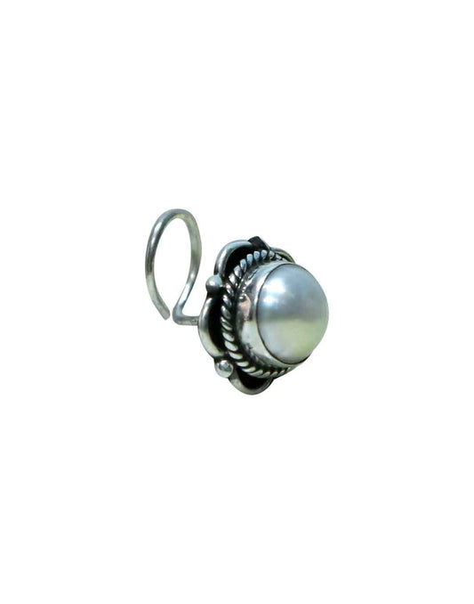 Designer Precious Stone Pearl Nose Pin/Stud with wire in Oxidized 92.5 Sterling Silver