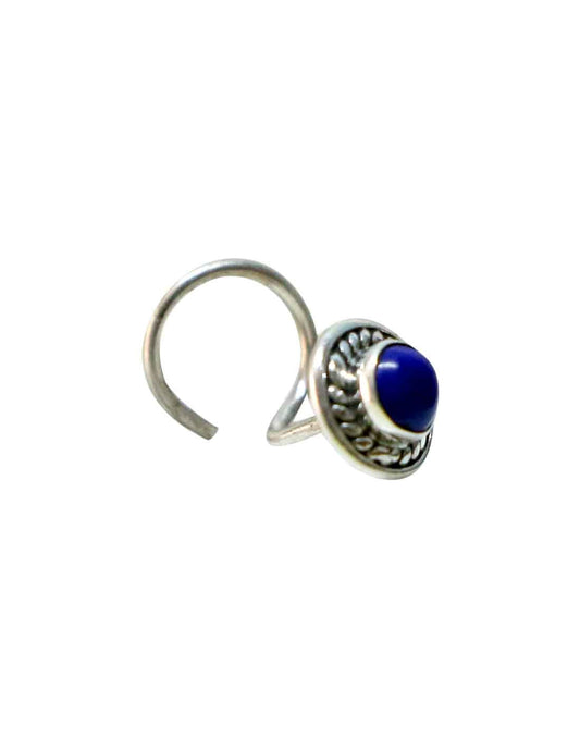 Designer Precious Stone Lapiz Lazuli Small Nose Pin/Stud with wire in Oxidized 92.5 Sterling Silver