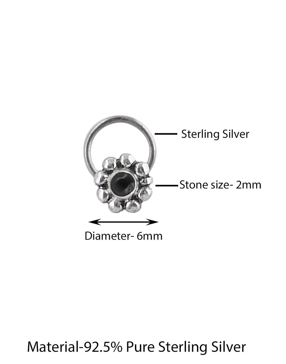 Pure Oxidized 92.5 Sterling Silver Precious Stone Black Onyx Small Stylish Nose Pin