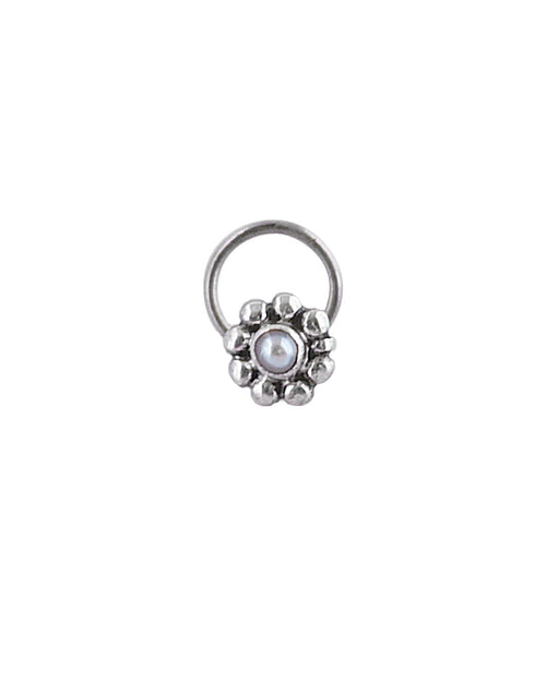 Pure Oxidized 92.5 Sterling Silver Precious Stone Pearl Small Stylish Nose Pin - Default Title - Abhooshan