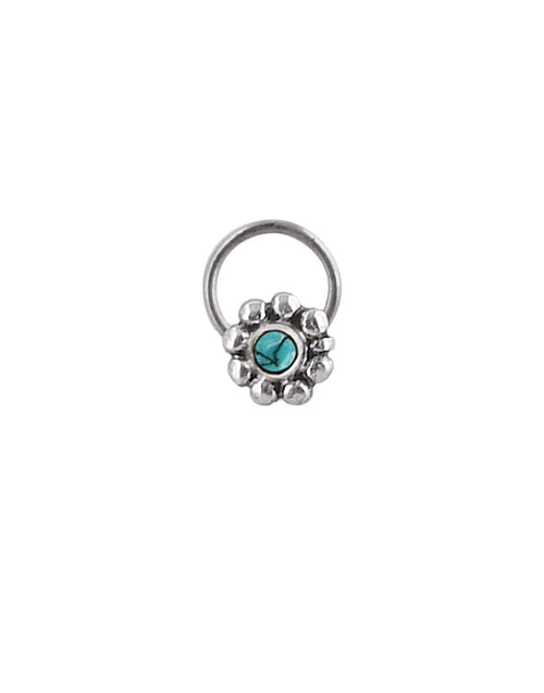 Pure Oxidized 92.5 Sterling Silver Precious Stone Blue Turquoise Small Stylish Nose Pin - Default Title - Abhooshan