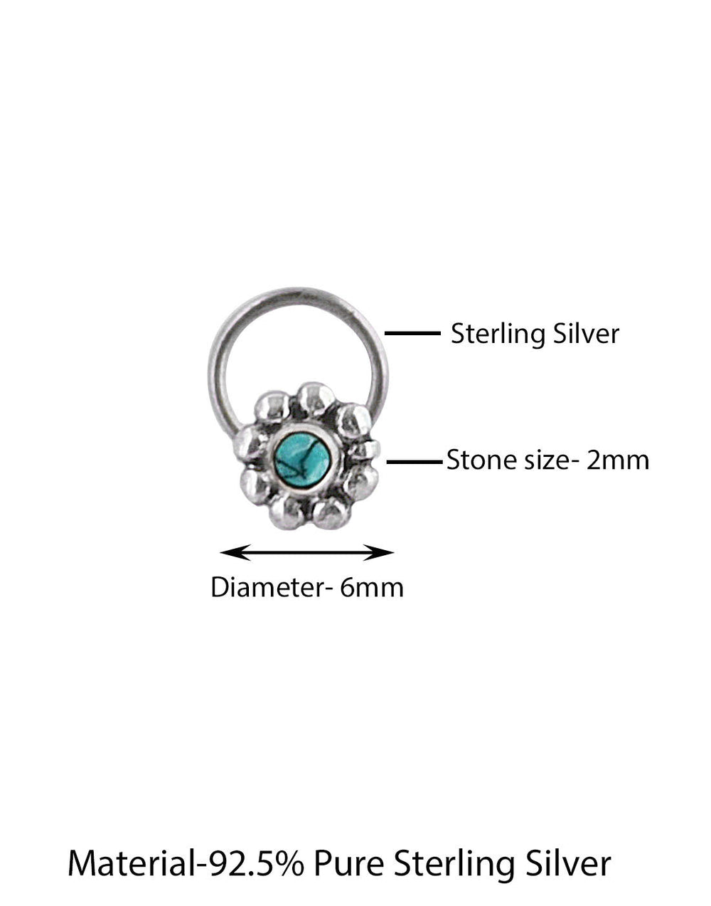 Pure Oxidized 92.5 Sterling Silver Precious Stone Blue Turquoise Small Stylish Nose Pin