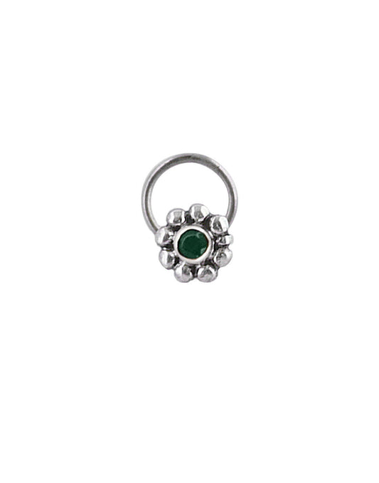 Pure Oxidized 92.5 Sterling Silver Precious Stone Green Emerald Small Stylish Nose Pin