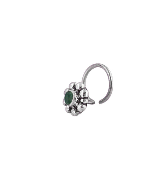 Pure Oxidized 92.5 Sterling Silver Precious Stone Green Emerald Small Stylish Nose Pin