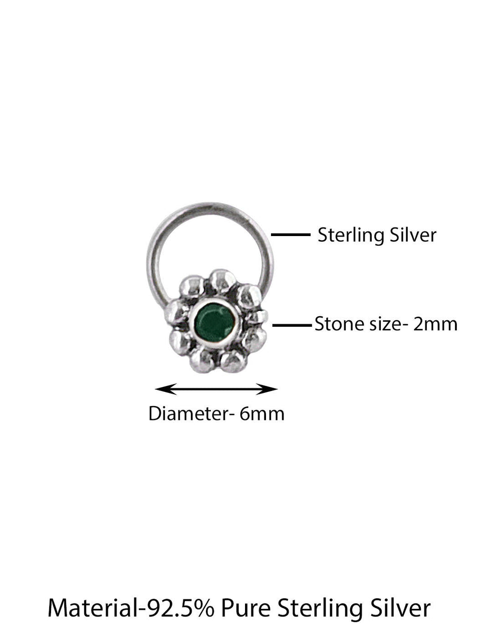 Pure Oxidized 92.5 Sterling Silver Precious Stone Green Emerald Small Stylish Nose Pin