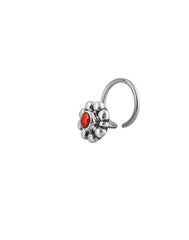 Pure Oxidized 92.5 Sterling Silver Precious Stone Red Coral Small Stylish Nose Pin