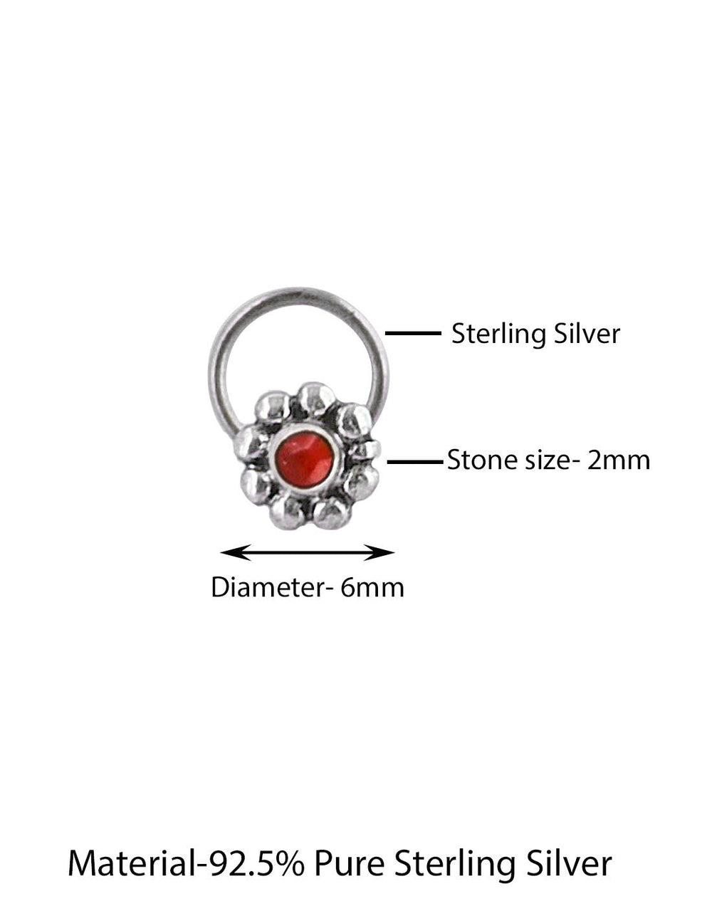 Pure Oxidized 92.5 Sterling Silver Precious Stone Red Coral Small Stylish Nose Pin