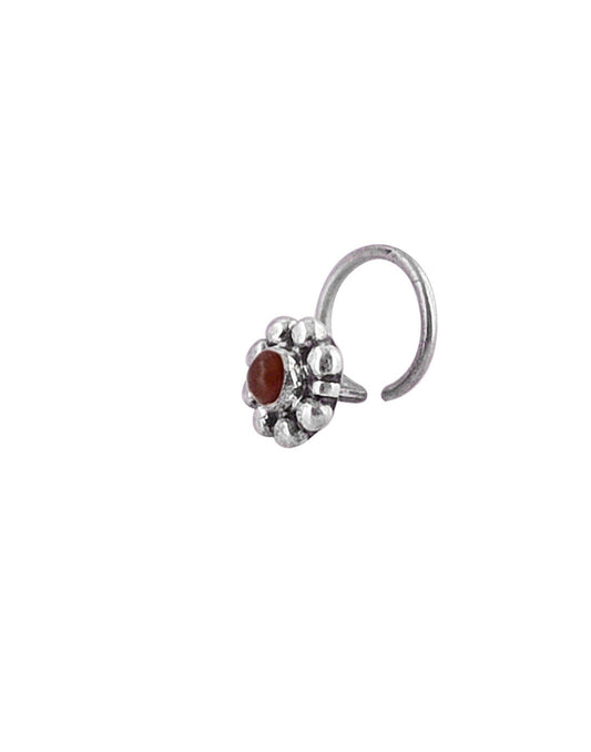 Pure Oxidized 92.5 Sterling Silver Precious Stone Red Garnet Small Stylish Nose Pin