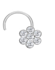 Flower shape Nose Pin with wire in 92.5 Silver with White CZ Stones