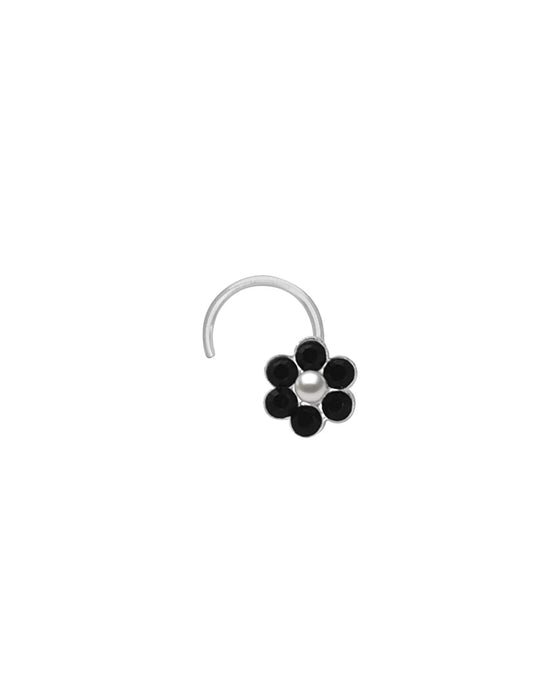 Flower shape Nose Pin with wire in 92.5 Silver with Black CZ Stones