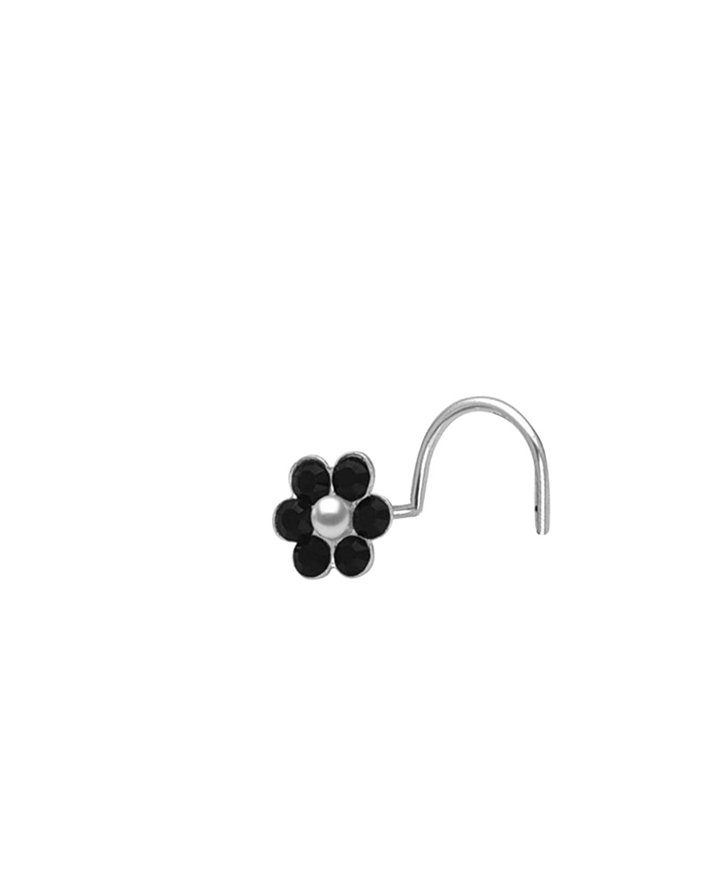 Flower shape Nose Pin with wire in 92.5 Silver with Black CZ Stones
