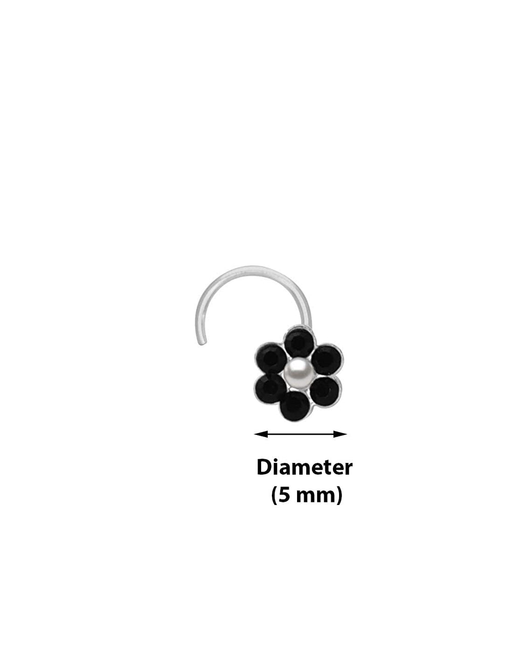 Flower shape Nose Pin with wire in 92.5 Silver with Black CZ Stones
