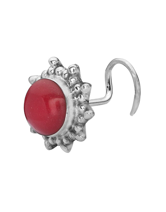 Designer Red Coral Nose Pin with wire in 92.5 Sterling Silver