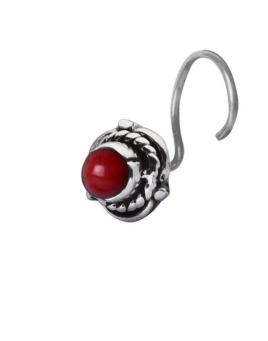 Precious Stone Red Coral Small Nose Pin/Stud with wire in 92.5 Sterling Silver