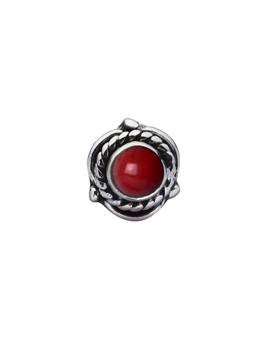 Precious Stone Red Coral Small Nose Pin/Stud with wire in 92.5 Sterling Silver