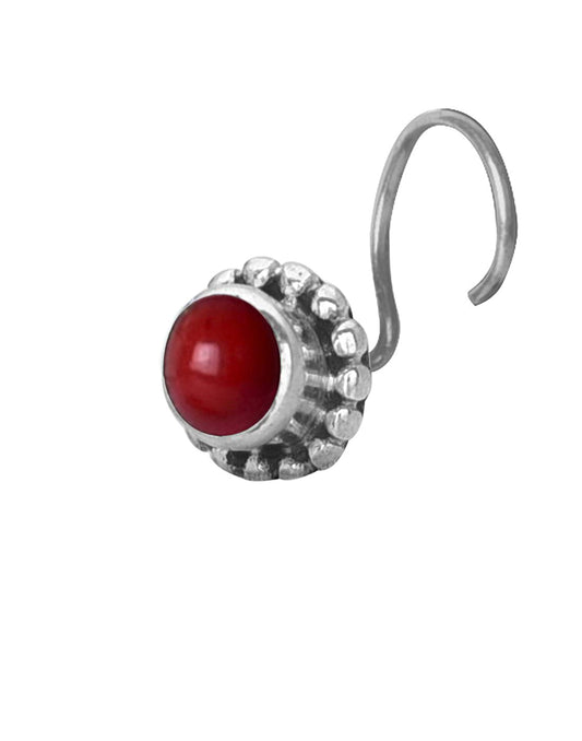 Precious Stone Red Coral Small Nose Pin/Stud with wire in 92.5 Sterling Silver