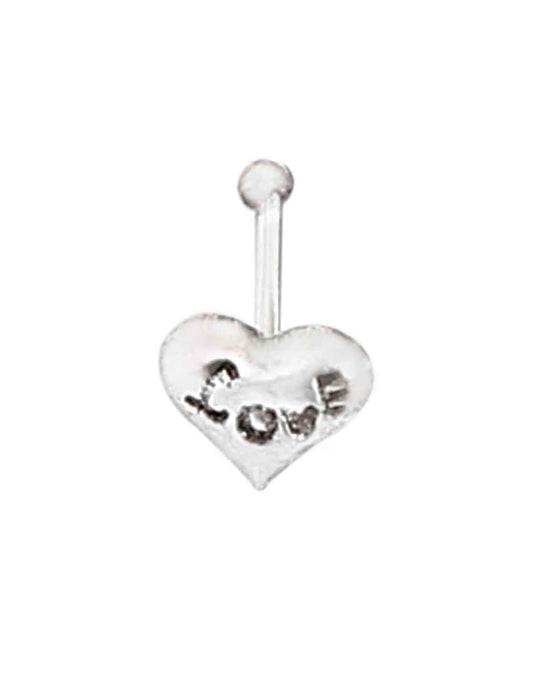 Love Engraved Heart Shape 925 Silver Bone Type Nose Stud for Pierced Nose