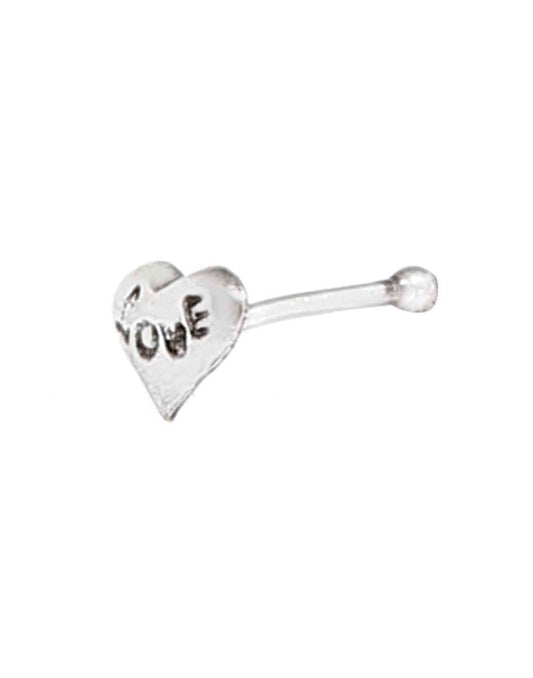 Love Engraved Heart Shape 925 Silver Bone Type Nose Stud for Pierced Nose