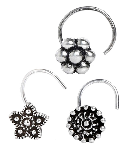 Combo Set of 3 Flower Antique Oxidized Sterling Silver Nose Pin Studs