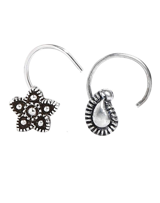 Combo of 92.5 Sterling Silver Flower Antique Oxidized Nose Pin/Studs for Women