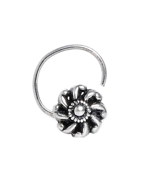 Designer Round Flower Shape Nose Pin with wire in 92.5 Oxidized Silver