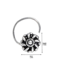 Designer Round Flower Shape Nose Pin with wire in 92.5 Oxidized Silver