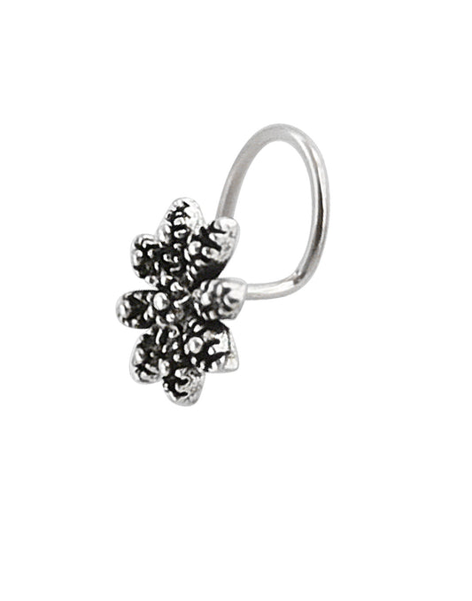 Designer Flower Shape Nose Pin with wire in 92.5 Oxidized Silver