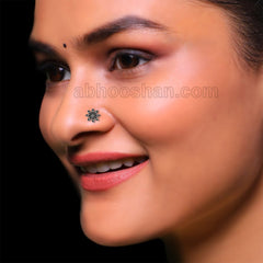 Designer Flower Shape Nose Pin with wire in 92.5 Oxidized Silver