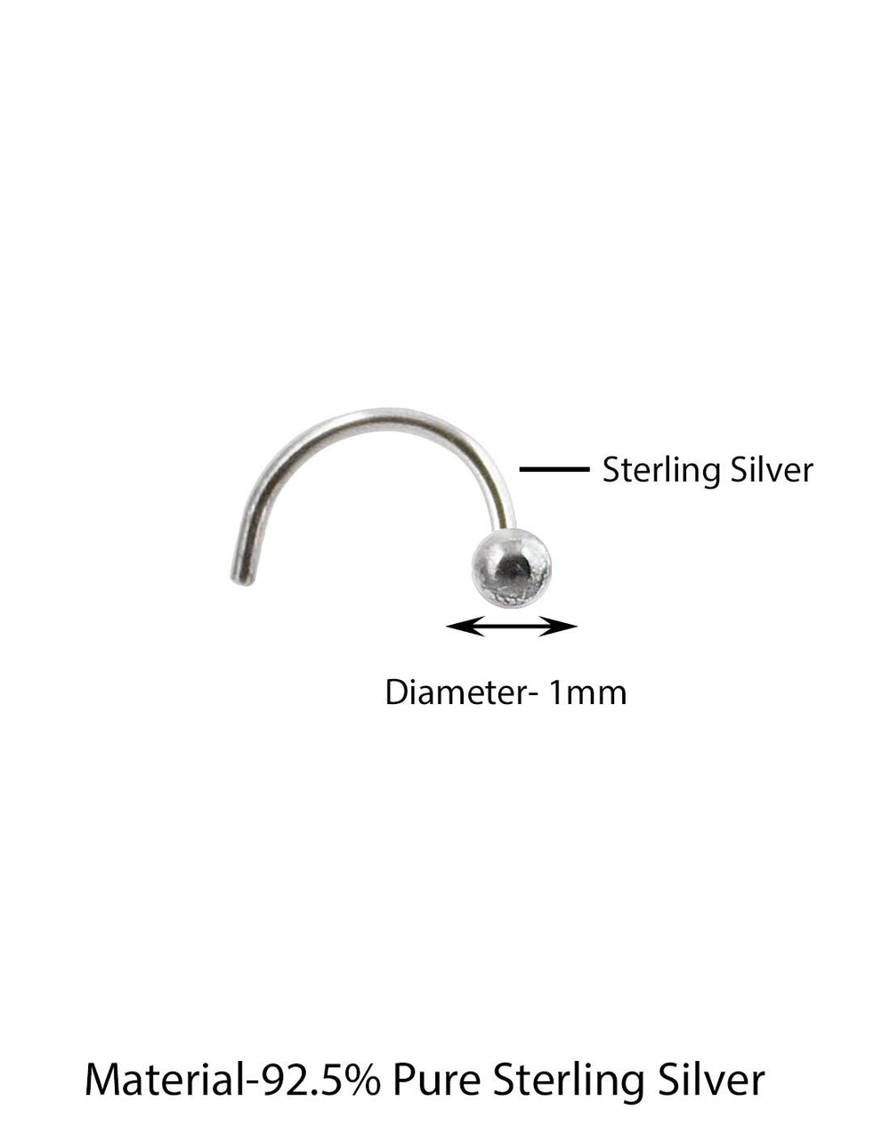 Dot Size Tiny Round 1 MM Nose Pin with wire in 92.5 Oxidized Silver