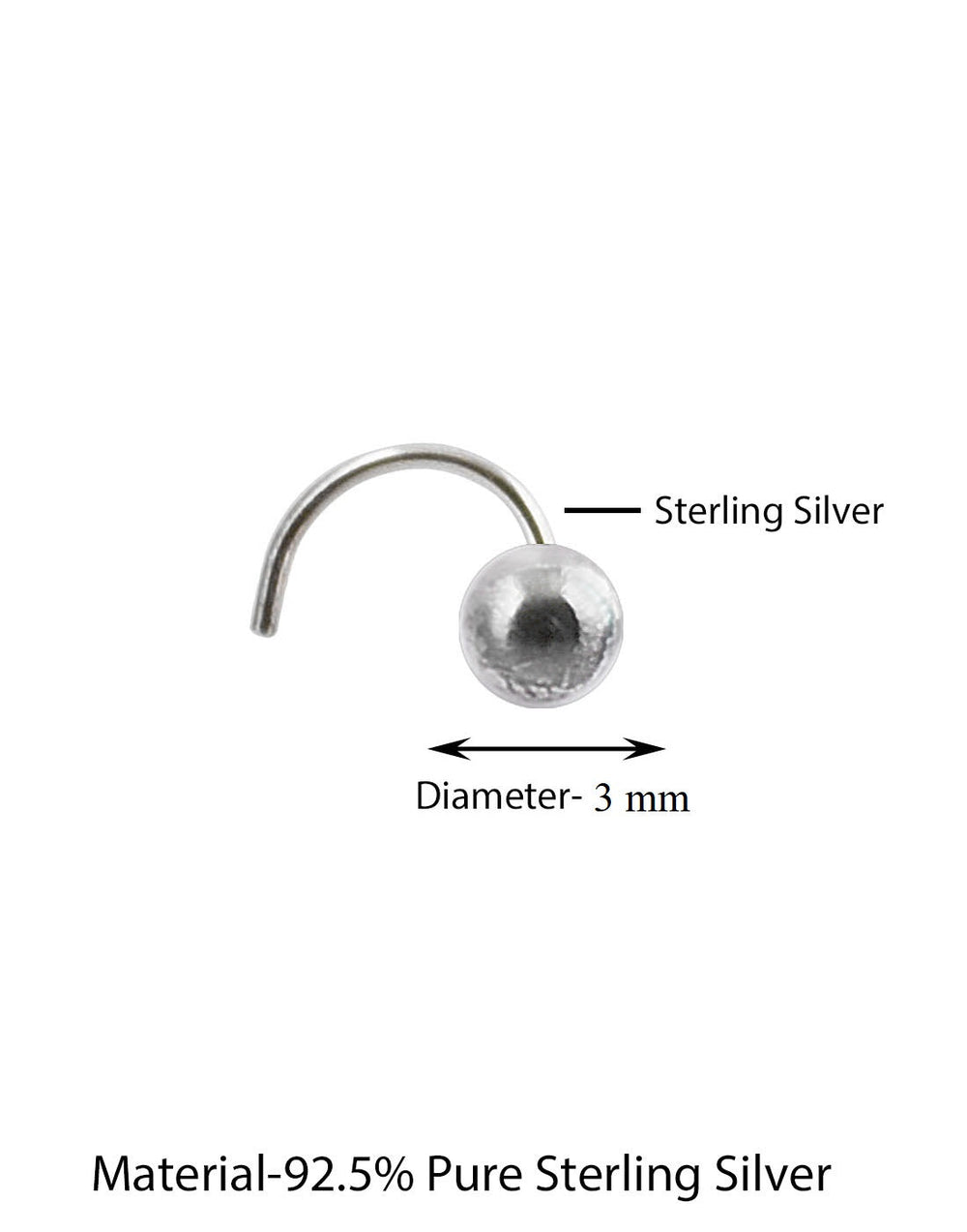 Round 3 MM Nose Pin with wire in 92.5 Oxidized Silver